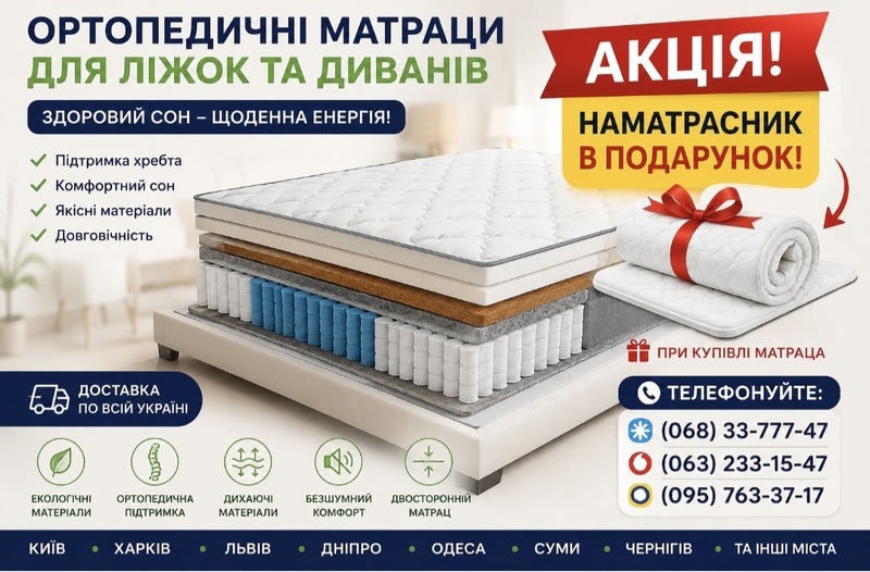 Бажання купити матрац за акцією від виробника &mdash; це раціональний крок для тих, хто цінує здоровий сон та прагне заощадити без втрати якості. Прямі пропозиції від фабрик дозволяють замовити сучасні ортопедичні моделі з максимальними знижками, уникаючи зайвих націнок посередників. Вибираючи акційні товари, ви отримуєте доступ до сертифікованих безпружинних систем, класичних блоків Pocket Spring або тонких топерів для вирівнювання диванів за найнижчою ціною на ринку. Кожен виріб розроблений з урахуванням анатомічних особливостей тіла, що гарантує правильну підтримку хребта протягом усієї ночі. Не втрачайте шанс оновити спальне місце на вигідних умовах: сезонні розпродажі та святкові дисконти роблять преміальний комфорт доступним кожному. Обирайте перевірену якість, офіційну гарантію та швидку доставку по Україні, інвестуючи у власне самопочуття вже сьогодні.