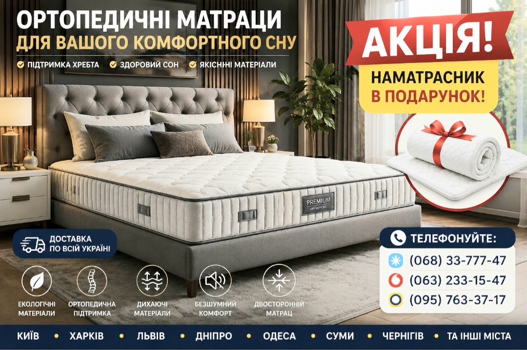 ❱❱❱ Шукаєте ідеальне спальне місце за вигідною ціною? Зараз на наші ортопедичні матраци діють масштабні акції та знижки, що дозволяють суттєво заощадити. Великий розпродаж моделей з незалежними пружинами та інноваційною піною Memory &mdash; це ваш шанс оновити спальню без зайвих витрат. Окрім низької вартості, на вас чекає приємний бонус: купуйте акційну модель та отримуйте якісний наматрацник у подарунок. Забезпечте собі здоровий сон та надійний захист нового матраца вже сьогодні!