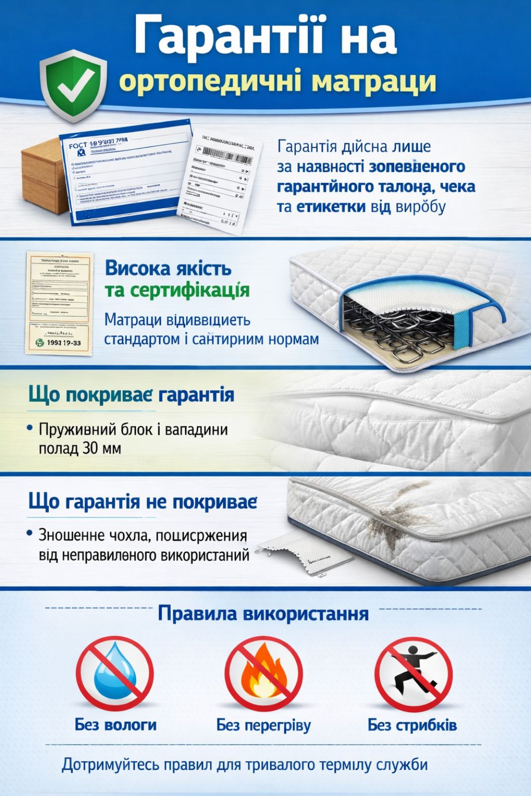 Гарантия на ортопедические матрасы и топперы &mdash; это официальное подтверждение качества материалов и надежности конструкции. Покупая матрас для кровати или тонкий топпер для дивана, клиент получает не только комфортный сон, но и защиту от возможных производственных дефектов. Гарантийный срок зависит от модели и типа наполнителя: пружинные блоки, латекс, кокосовая койра или пена Memory обладают высокой износостойкостью и рассчитаны на длительную эксплуатацию. Гарантия распространяется на деформацию, проседание, нарушение целостности швов или неисправность пружин при соблюдении правил использования. Наличие официального гарантийного талона подтверждает соответствие стандартам качества и безопасность материалов. Это уверенность в долговечности изделия, правильной поддержке позвоночника и выгодной покупке на долгие годы.