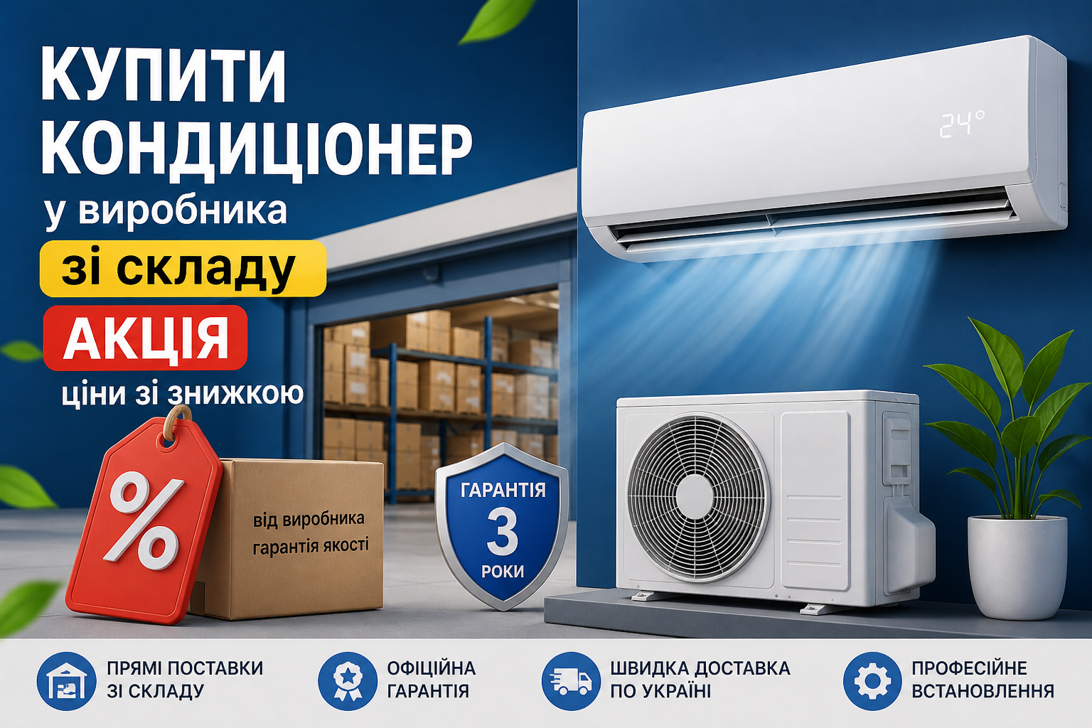 ◆ Купити кондиціонер у виробника зі складу за акційними цінами зі знижкою &mdash; вигідне рішення для мешканців Києва, Харкова, Одеси, Дніпра, Львова, Запоріжжя та Кривого Рогу. Прямі поставки гарантують доступну вартість, офіційну гарантію та швидку доставку по Україні. У наявності сучасні моделі з інверторною технологією, економним споживанням енергії та тихою роботою для максимального комфорту. ◆ Обирайте кондиціонери по акції зі знижкою у Вінниці, Полтаві, Черкасах, Миколаєві, Херсоні, Чернігові та Сумах. Великий асортимент дозволяє підібрати оптимальний варіант для дому чи офісу. Професійна консультація, допомога у виборі та швидка доставка забезпечать зручну покупку. Замовляйте вигідно та створюйте ідеальний мікроклімат у будь-якому місті України.