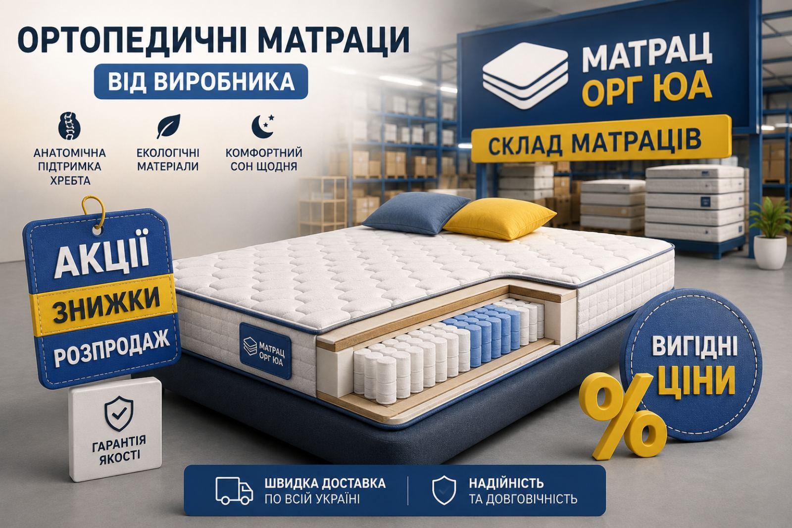 Купити ортопедичний матрац від виробника &mdash; це чудова можливість отримати комфортний сон за вигідною ціною. На складі діє розпродаж популярних моделей для дітей та дорослих, доступні акції та сезонні знижки. Сучасні ортопедичні матраци підтримують правильне положення хребта, допомагають розслабитись і покращують якість відпочинку. У каталозі представлені безпружинні та пружинні моделі різної жорсткості. Швидка доставка, гарантія якості та доступні ціни по Україні.