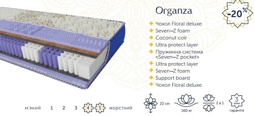 Матраци Arabeska Organza купити в Києві ✔️ для ліжка зі Складу за ціною Виробника ➤ порівняти ціни + відгуки про матраци + АКЦІЯ ⚡ Доставка по Україні ✓ Ортопедический матрас ARABESKA Органза – это сочетание инновационных технологий и качественных материалов, созданных для вашего здорового и комфортного сна. Благодаря независимому пружинному блоку с усиленным евробортом матрас обеспечивает правильную поддержку позвоночника, распределяя погрузку равномерно по всей поверхности. Две разные стороны жесткости позволяют адаптировать матрас под индивидуальные предпочтения. Высота изделия составляет 22 см, а максимальная нагрузка на спальное место – до 160 кг. Уникальный, крепкий чехол с эксклюзивным дизайном не имеет аналогов на украинском рынке. Купите ортопедический матрас непосредственно со склада, без посредников, что гарантирует лучшую цену и быструю доставку по Украине. Ваш комфорт – наш приоритет! ✅ Купити ортопедичний матрац Organza у Києві ↔ зі СКЛАДУ без ПОСРЕДНИКІВ -- це ЕКОНОМІЯ часу та ГРОШЕЙ + відгуки. ⚡ Доставка по Україні