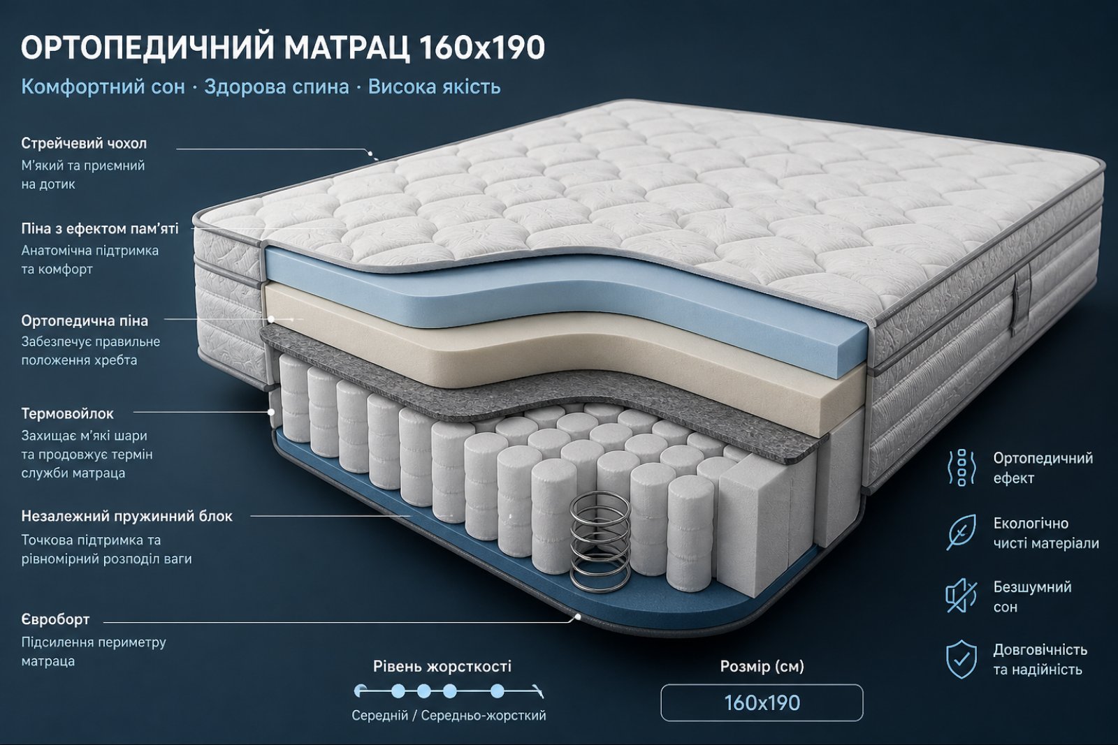 Матрас ортопедический размером 160 на 190 см сочетает в себе удобство, надежность и анатомическую поддержку. Он помогает сохранить естественное положение тела во время сна, снижая нагрузку на суставы и мышцы. Благодаря современным технологиям производства, такие матрасы отличаются долговечностью и устойчивостью к деформации. Купить матрас 160х190 &mdash; значит обеспечить себе комфортный сон и бодрое самочувствие на каждый день.