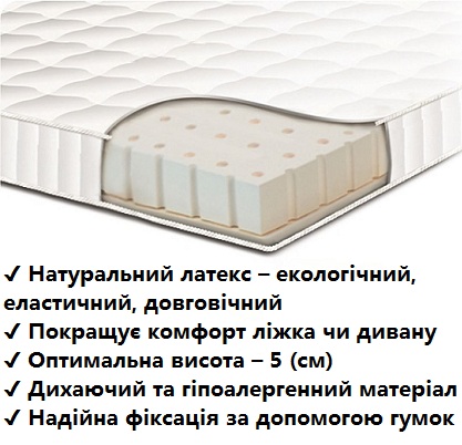 ☑️ Топпер Латекс / Latex Сонлайн - Sonline купити в Україні ⏩ висота: 5 см ✈ жорсткість його: середя від торгової марки Сонлайн - безпружинний, анатомічний, тонкий матрац з екологічно-чистих наповнювачів ➤ латексу ✅ звертайтеся до фахівців ...☎...  Топпер Латекс / Latex ☑️ высота: 5 см ✈ жесткость его: средняя от торговой марки Сонлайн &ndash; беспружинный, анатомический, тонкий матрас из экологически-чистых наполнителей ➤ латекса ✅ обращайтесь к специалистам ...☎...