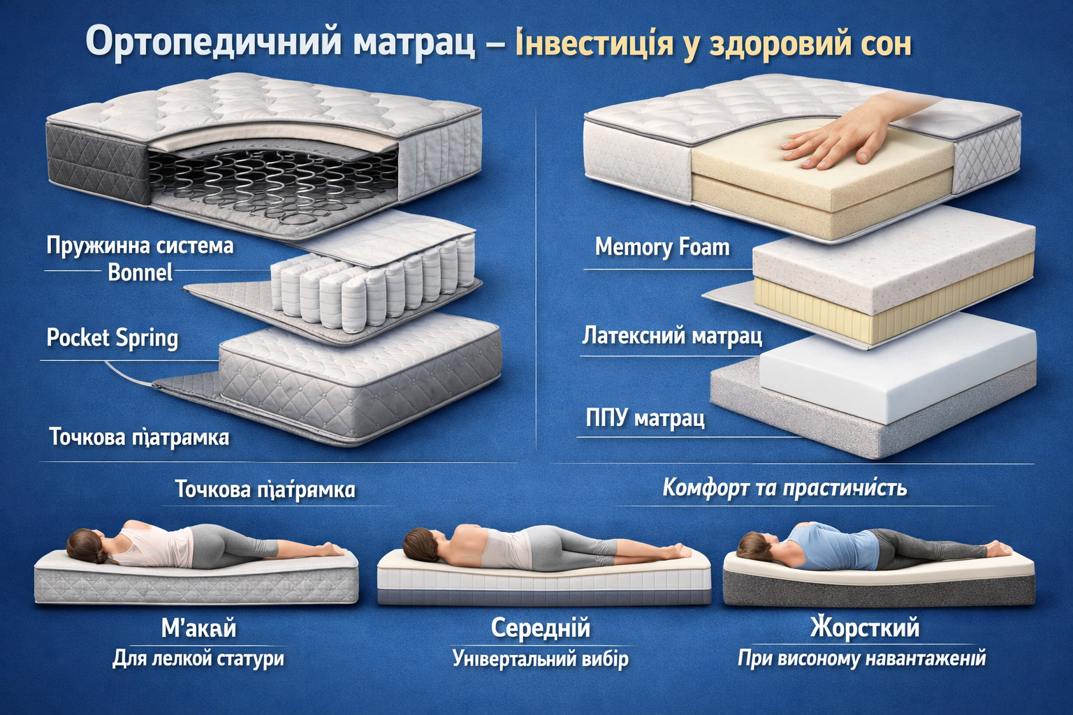 Сучасний ортопедичний матрац створений для тих, хто цінує комфорт і піклується про своє здоров&rsquo;я. Продумана конструкція допомагає підтримувати хребет у правильному положенні, зменшує навантаження на м&rsquo;язи та забезпечує глибокий, відновлюючий сон. На офіційному сайті можна купити матрац за доступною ціною, скориставшись вигідними пропозиціями: акція, знижки, розпродаж. Швидка доставка доступна у Київ, Харків, Львів, Дніпро, Одесу та інші міста України. Якісні матеріали добре пропускають повітря, не накопичують вологу та зберігають форму з часом. Офіційна гарантія виробника підтверджує надійність і безпеку. Цей матрац стане оптимальним рішенням для здорового та спокійного сну кожної ночі.